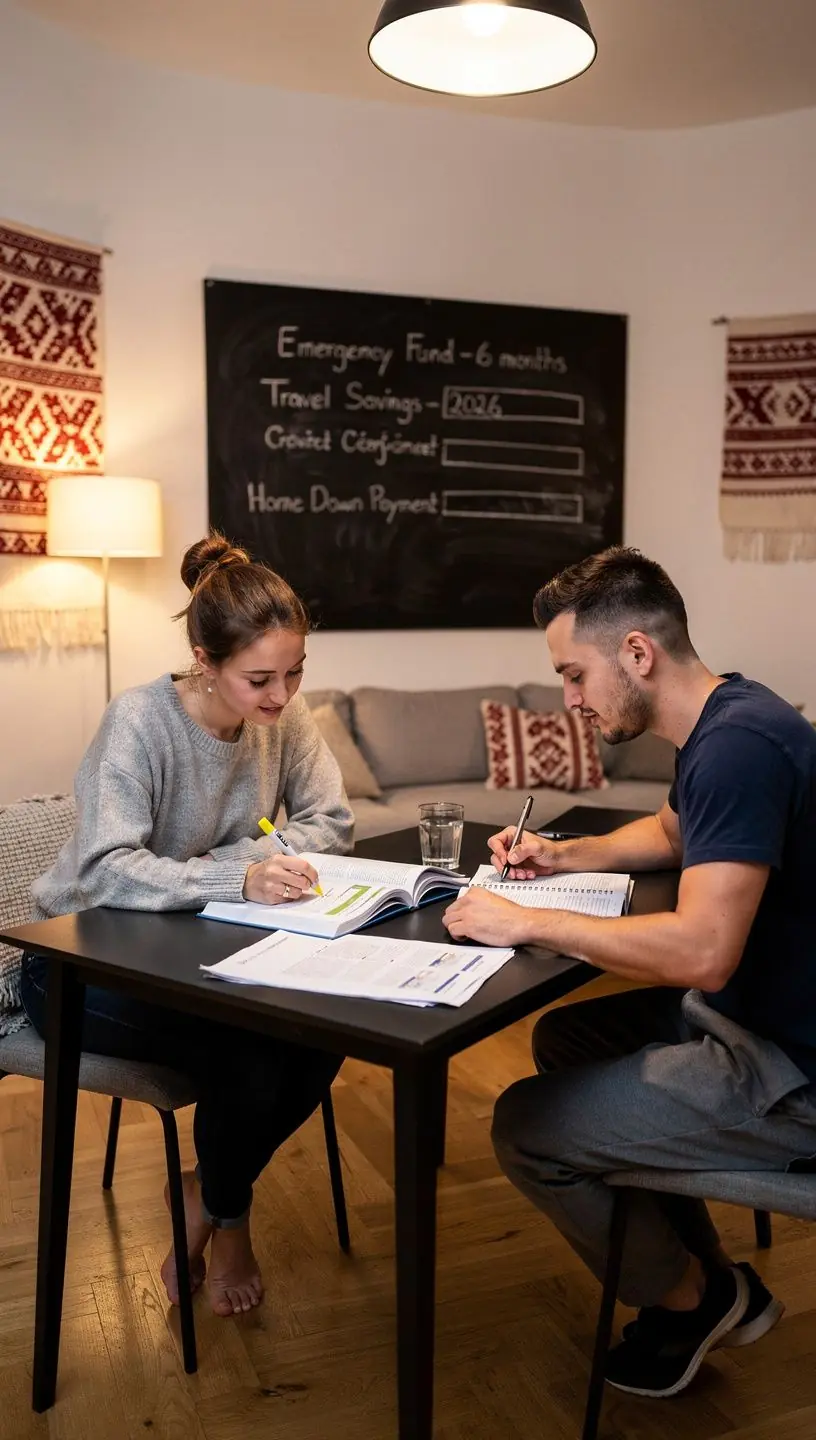 Színes diagram, amely a megtakarítási célok elérésének lépéseit ábrázolja.